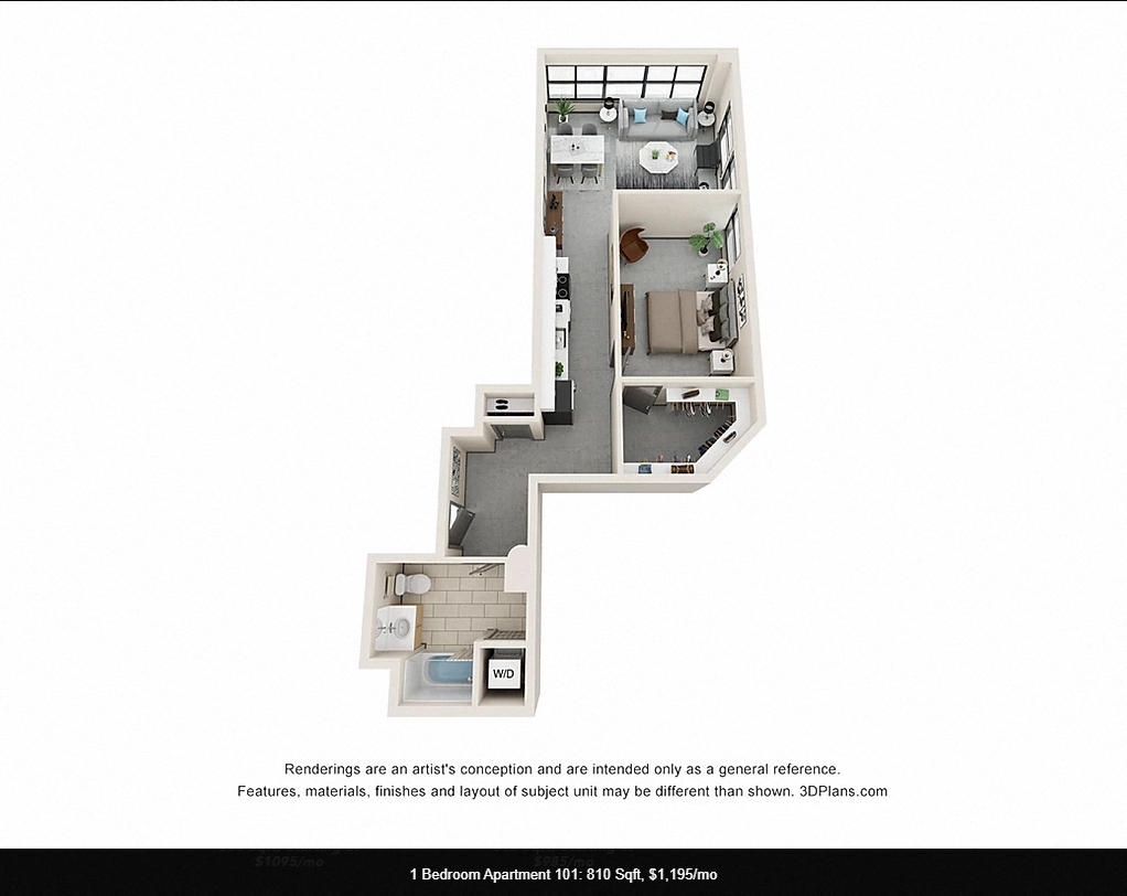 Floor plan for 1 bed, 1 bath, 810 sqft
